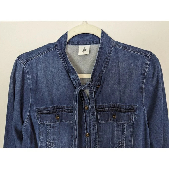 Cabi sz M Blue Waterfront Denim Button Up Shirt Bow Tie Collar Jean Chambray Top - Picture 11 of 16